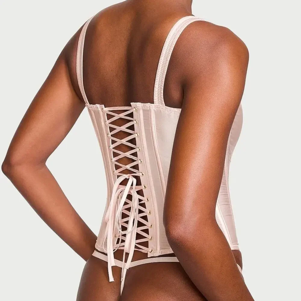 Victoria's Secret Very Sexy Classic Silk Corset Set Purest Pink Medium DD NEW - Picture 3 of 5
